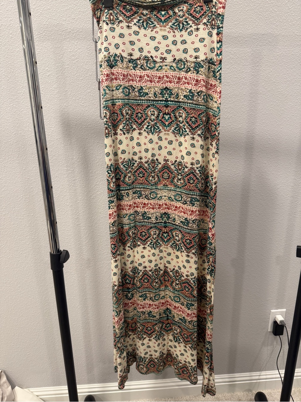 B_Envied Printed Bohemian Maxi Skirt in Cream with Teal and Pink Accents